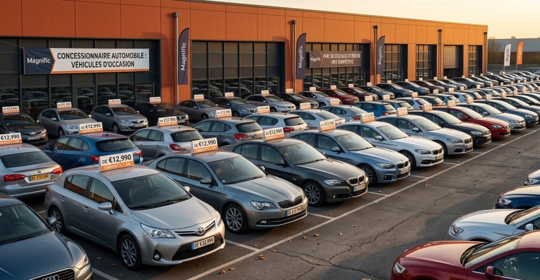 Ce que les crises révèlent vraiment sur la santé des concessions 1 19/07/2026 Concession automobile avec véhicules d'occasion alignés sur un parc de stockage extérieur