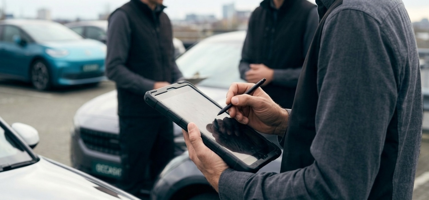 Sur un vaste parc de véhicules électriques d'occasion, trois vendeurs en chemises examinent des berlines l'un notant sur une tablette, les rangées de voitures neuves s'étendant à l'arrière-plan.